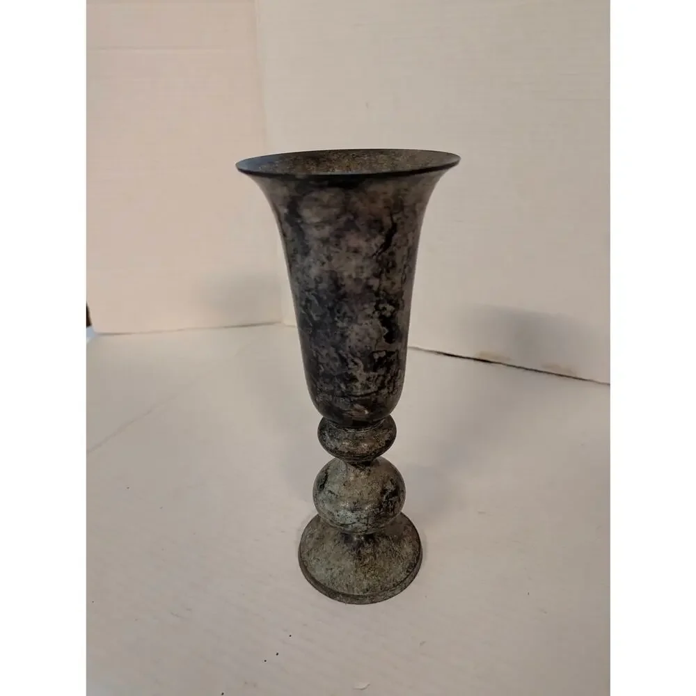 Vintage Antique Brass Trumpet Vase Distressed Etched Verdigris Metal 10" - Picture 4 of 10